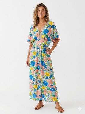 Anany XL Floral Maxi Dress Pom Pom Trim Bohemian V-Neck Vacation Resort Wear